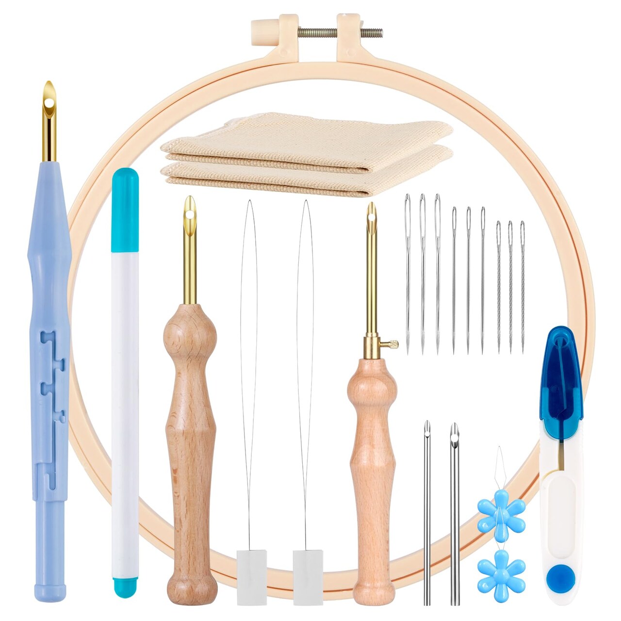 21-Piece Punch Needle Set, Adjustable Tool, Wooden Handle Embroidery Pens, Hoops, Cloth, Perfect for Adult Beginners & Gifts (Blue)